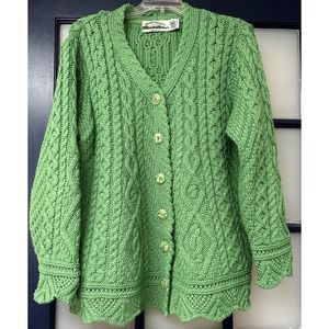 Aran Crafts Ireland Womens Merino Wool Cable Knit Cardigan Sweater Size XL Green